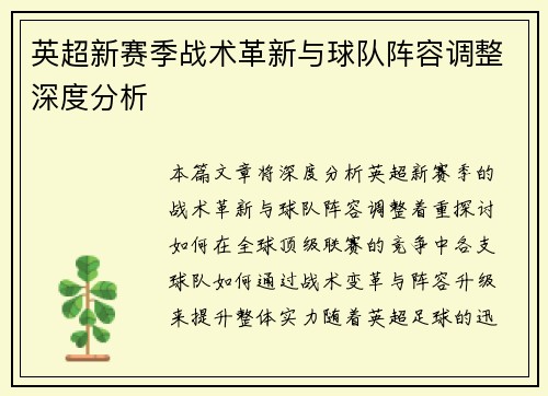 英超新赛季战术革新与球队阵容调整深度分析